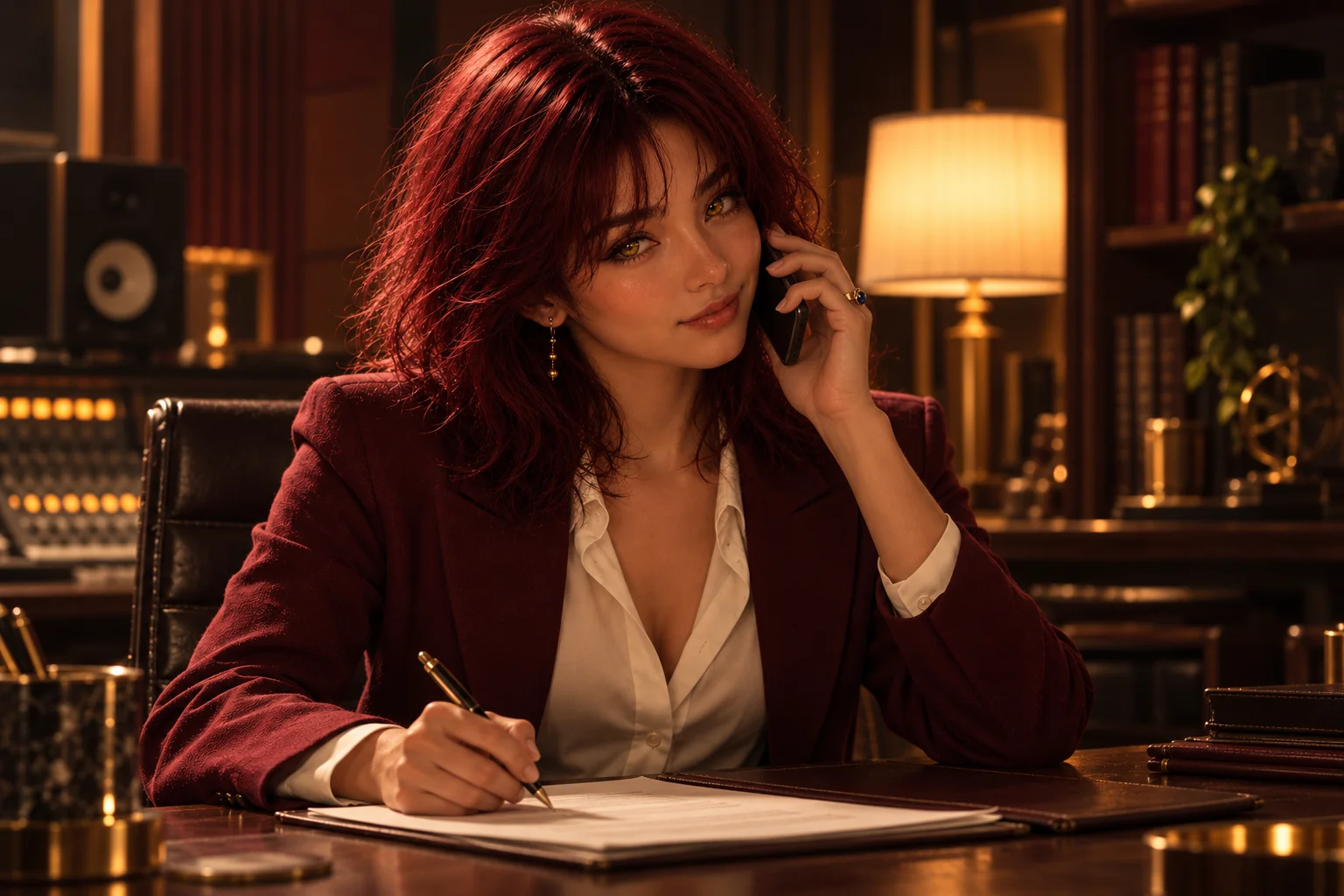 Key on a call, taking notes at her desk