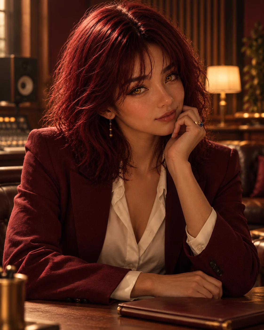 Key, with crimson hair and gold eyes, in a burgundy blazer in a warmly lit studio