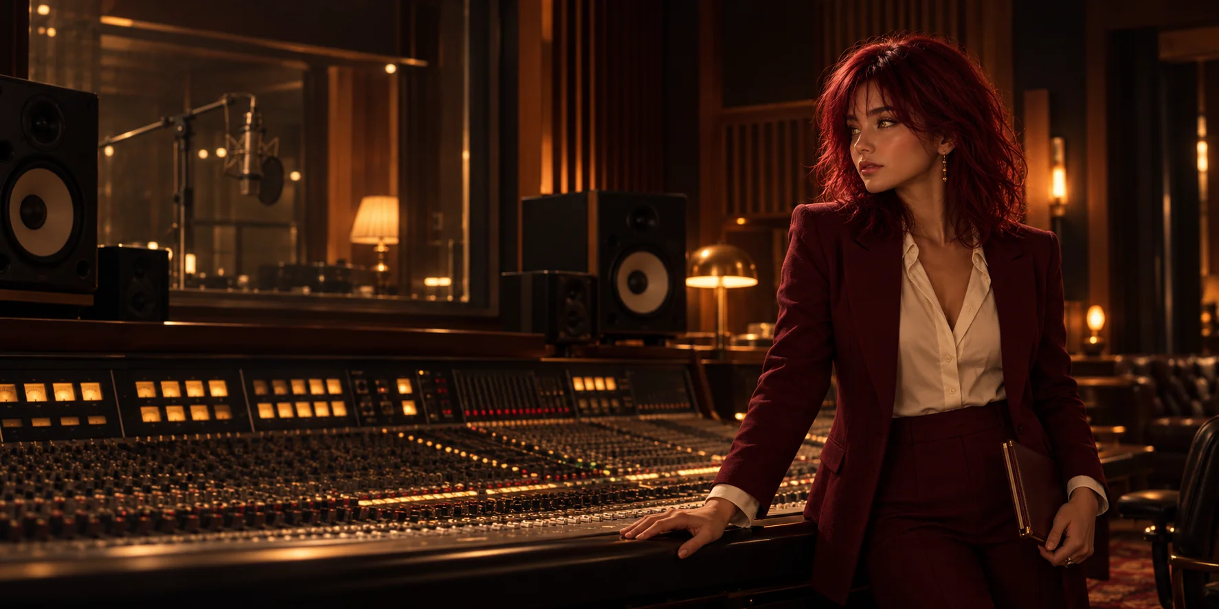 Key standing beside the mixing console in a warmly lit recording studio