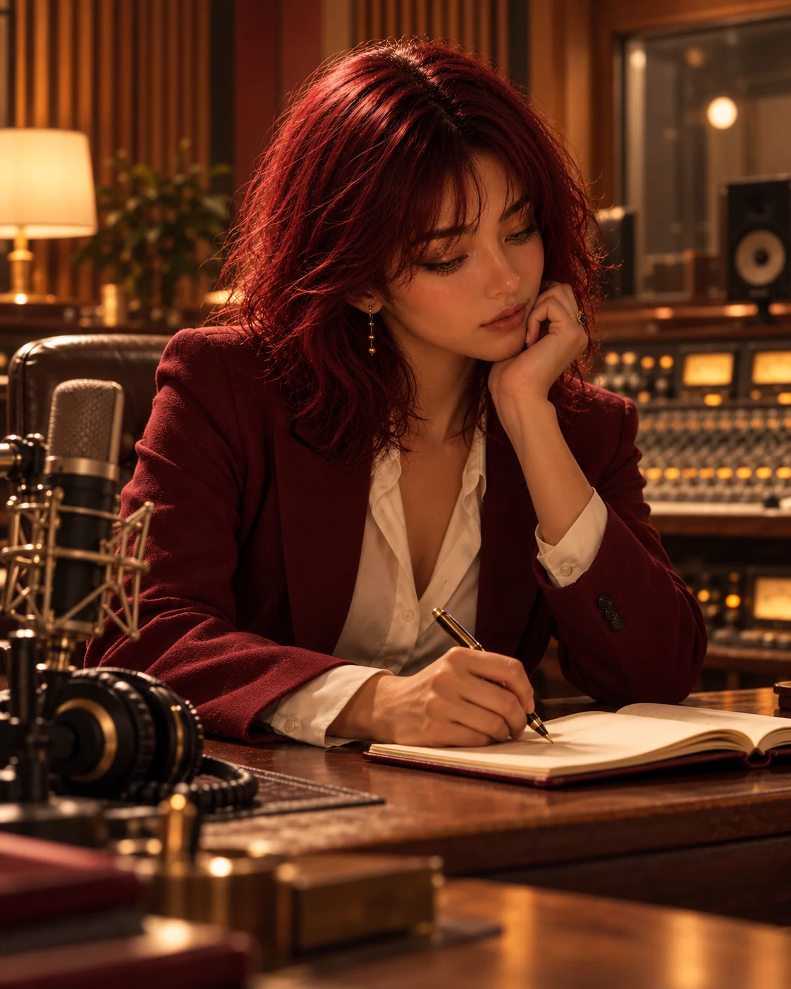 Key reviewing a notebook at a studio desk, with a microphone nearby